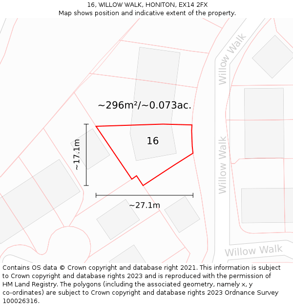 16, WILLOW WALK, HONITON, EX14 2FX: Plot and title map