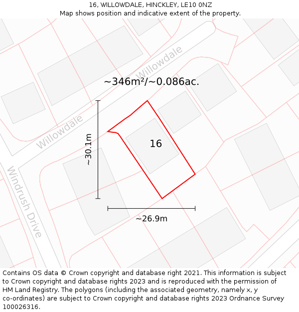 16, WILLOWDALE, HINCKLEY, LE10 0NZ: Plot and title map