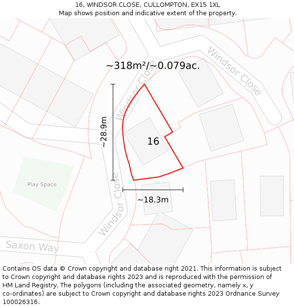 16, WINDSOR CLOSE, CULLOMPTON, EX15 1XL: Plot and title map