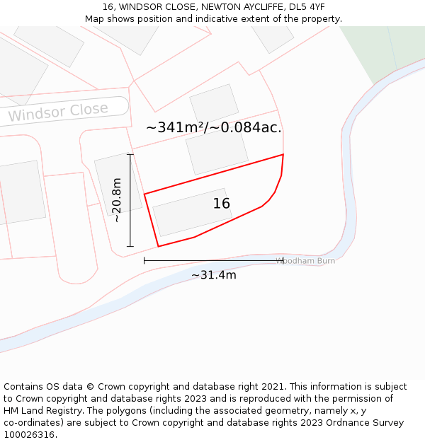 16, WINDSOR CLOSE, NEWTON AYCLIFFE, DL5 4YF: Plot and title map