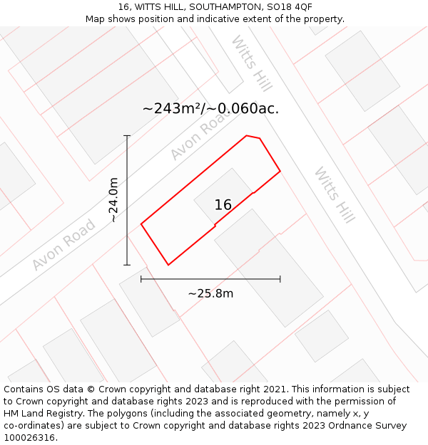 16, WITTS HILL, SOUTHAMPTON, SO18 4QF: Plot and title map