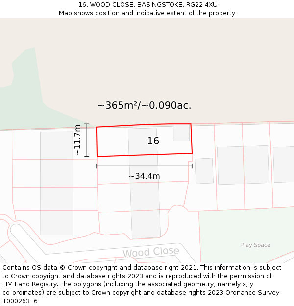 16, WOOD CLOSE, BASINGSTOKE, RG22 4XU: Plot and title map