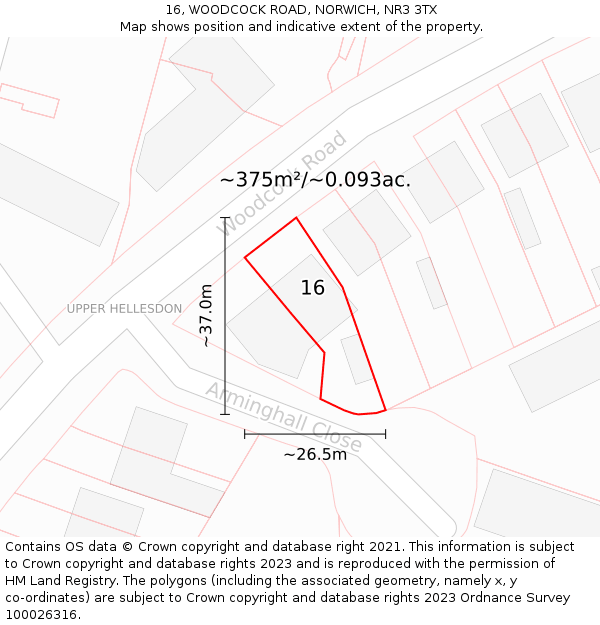 16, WOODCOCK ROAD, NORWICH, NR3 3TX: Plot and title map
