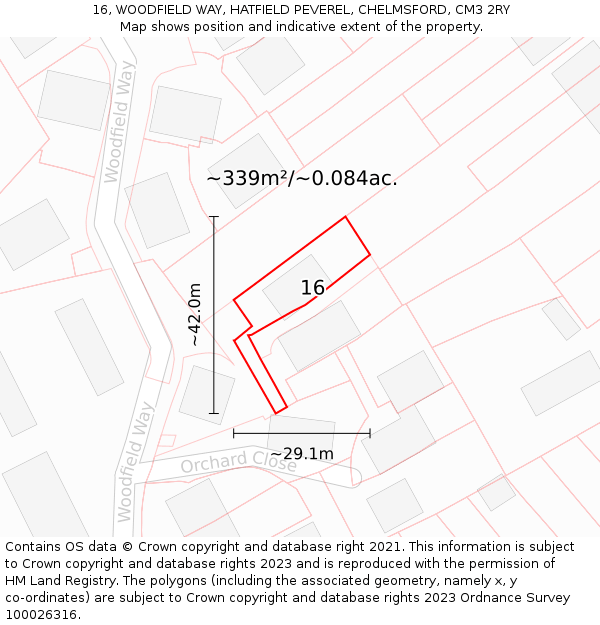 16, WOODFIELD WAY, HATFIELD PEVEREL, CHELMSFORD, CM3 2RY: Plot and title map