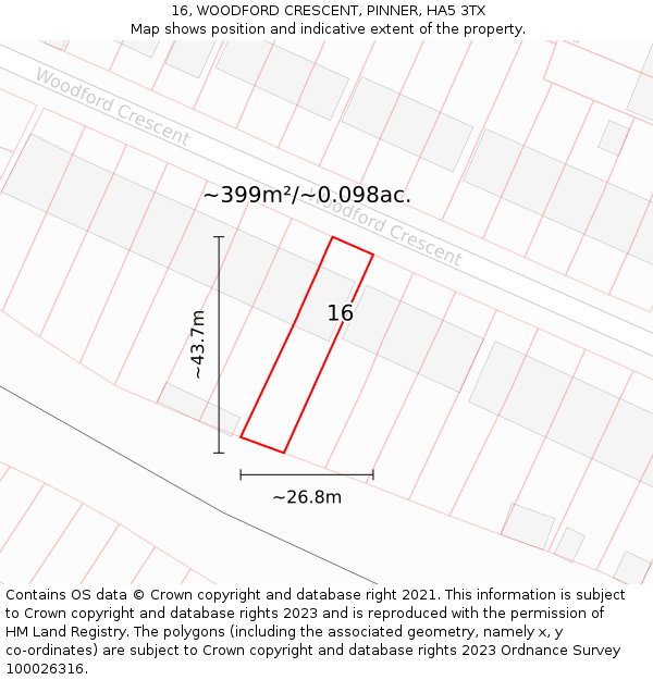 16, WOODFORD CRESCENT, PINNER, HA5 3TX: Plot and title map