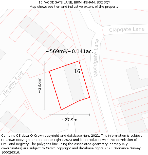 16, WOODGATE LANE, BIRMINGHAM, B32 3QY: Plot and title map