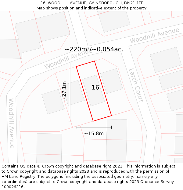 16, WOODHILL AVENUE, GAINSBOROUGH, DN21 1FB: Plot and title map