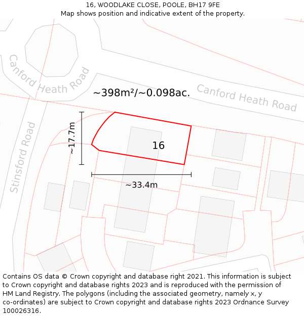 16, WOODLAKE CLOSE, POOLE, BH17 9FE: Plot and title map