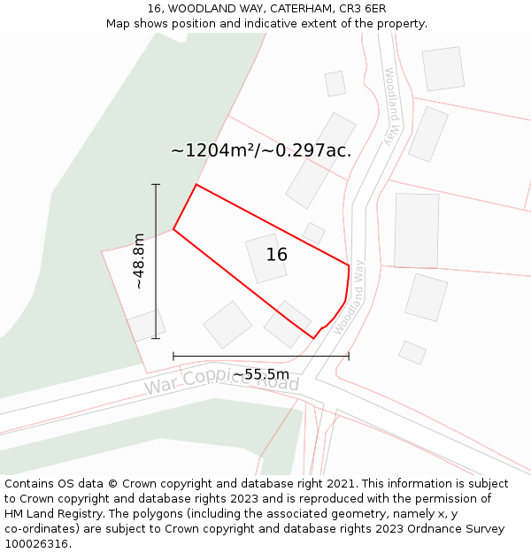 16, WOODLAND WAY, CATERHAM, CR3 6ER: Plot and title map