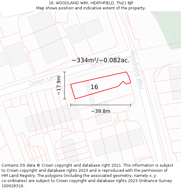 16, WOODLAND WAY, HEATHFIELD, TN21 8JP: Plot and title map