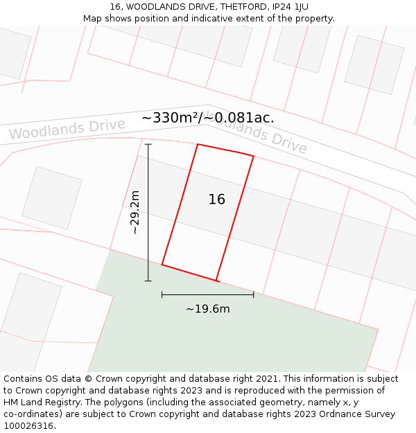 16, WOODLANDS DRIVE, THETFORD, IP24 1JU: Plot and title map