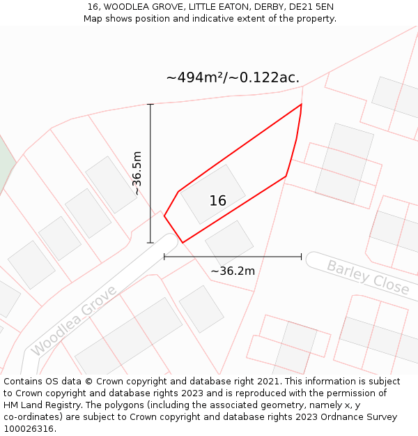 16, WOODLEA GROVE, LITTLE EATON, DERBY, DE21 5EN: Plot and title map