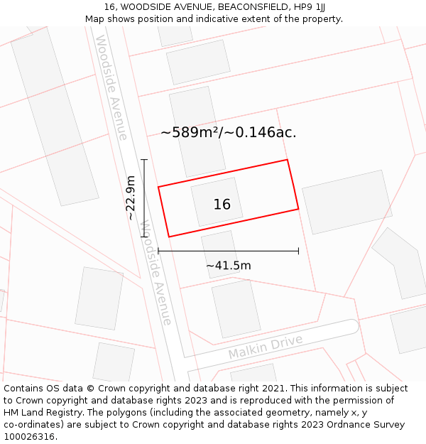 16, WOODSIDE AVENUE, BEACONSFIELD, HP9 1JJ: Plot and title map