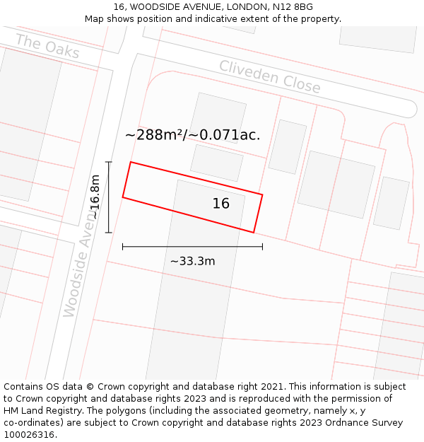 16, WOODSIDE AVENUE, LONDON, N12 8BG: Plot and title map