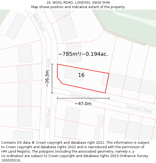 16, WOOL ROAD, LONDON, SW20 0HW: Plot and title map