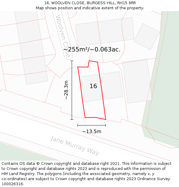 16, WOOLVEN CLOSE, BURGESS HILL, RH15 9RR: Plot and title map