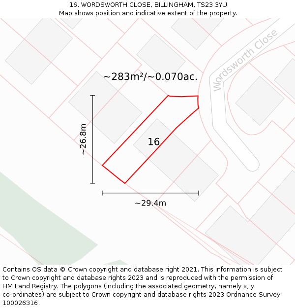 16, WORDSWORTH CLOSE, BILLINGHAM, TS23 3YU: Plot and title map