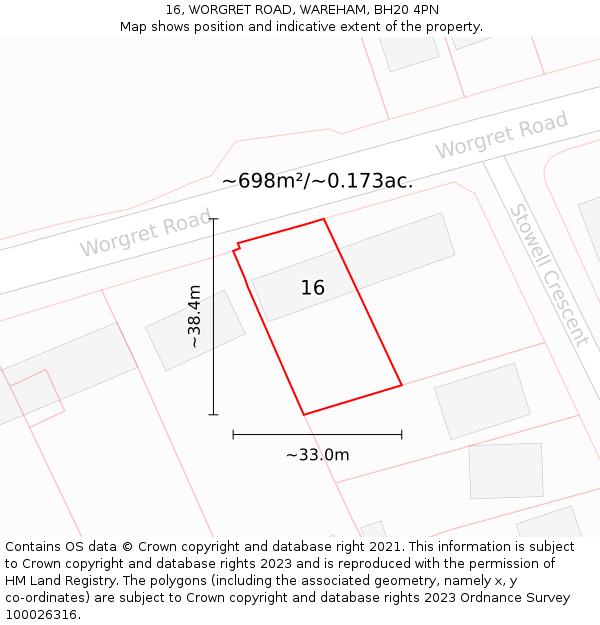 16, WORGRET ROAD, WAREHAM, BH20 4PN: Plot and title map
