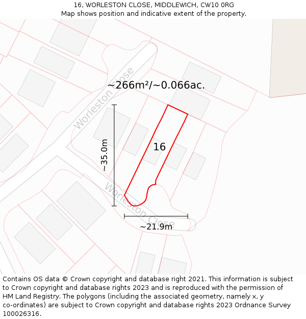 16, WORLESTON CLOSE, MIDDLEWICH, CW10 0RG: Plot and title map