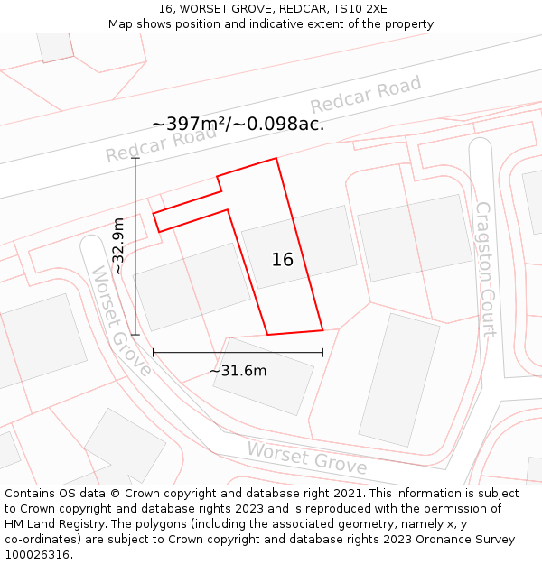 16, WORSET GROVE, REDCAR, TS10 2XE: Plot and title map