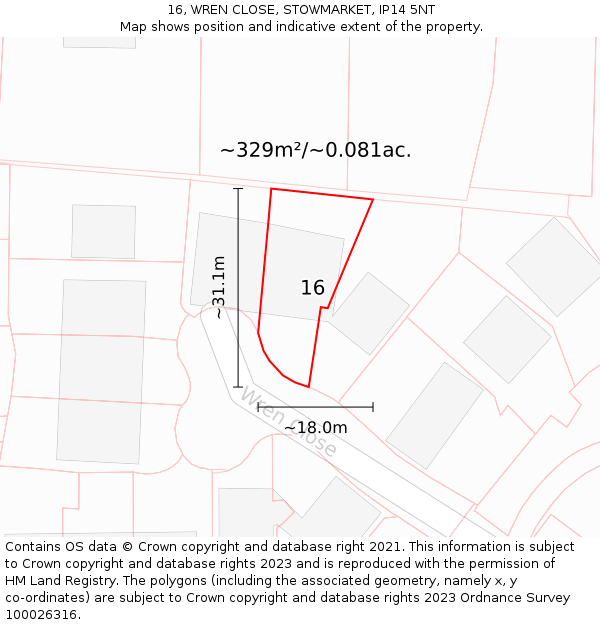 16, WREN CLOSE, STOWMARKET, IP14 5NT: Plot and title map