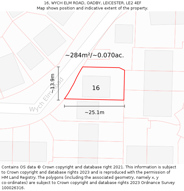 16, WYCH ELM ROAD, OADBY, LEICESTER, LE2 4EF: Plot and title map