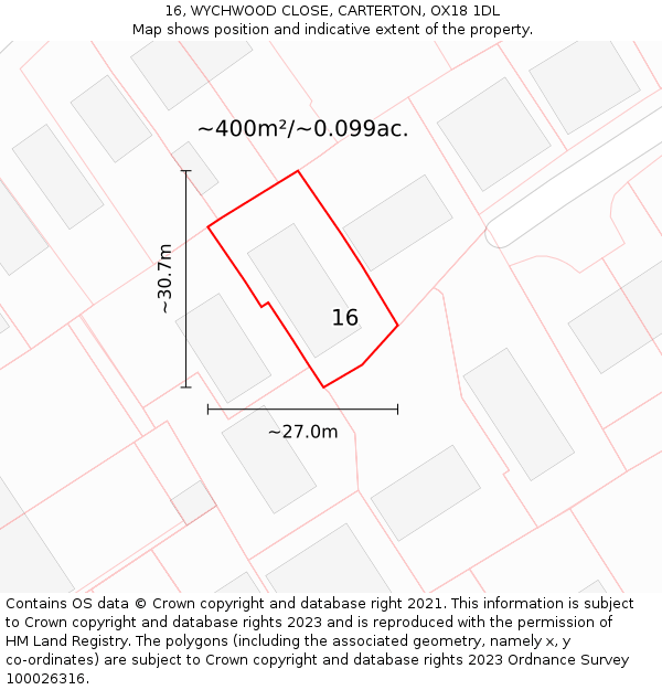 16, WYCHWOOD CLOSE, CARTERTON, OX18 1DL: Plot and title map