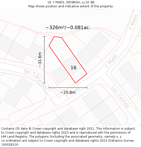 16, Y MAES, DENBIGH, LL16 3JR: Plot and title map