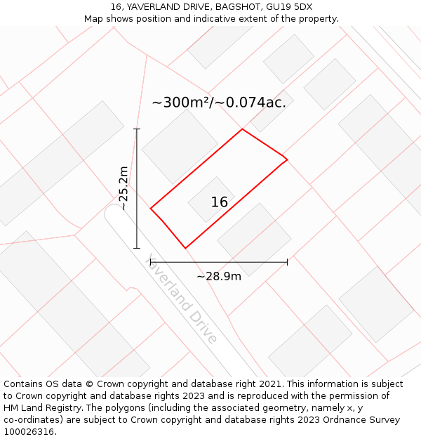 16, YAVERLAND DRIVE, BAGSHOT, GU19 5DX: Plot and title map