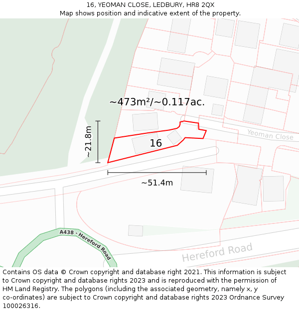 16, YEOMAN CLOSE, LEDBURY, HR8 2QX: Plot and title map