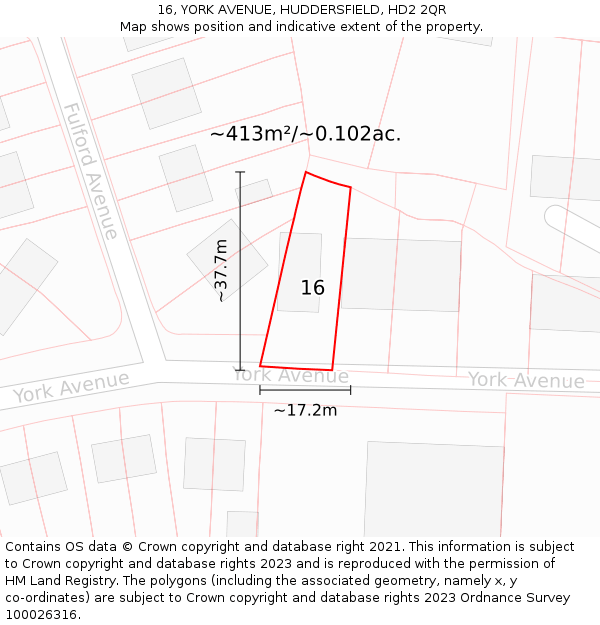 16, YORK AVENUE, HUDDERSFIELD, HD2 2QR: Plot and title map