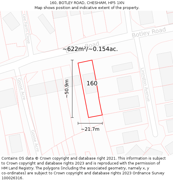 160, BOTLEY ROAD, CHESHAM, HP5 1XN: Plot and title map