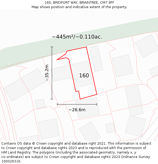 160, BRIDPORT WAY, BRAINTREE, CM7 9FF: Plot and title map