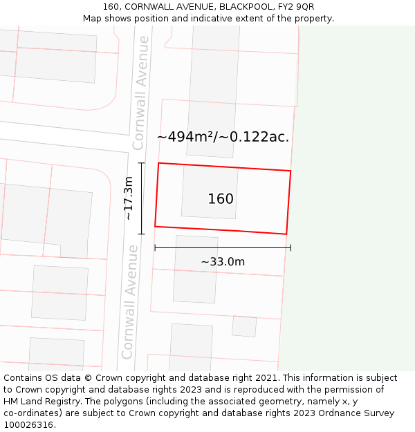 160, CORNWALL AVENUE, BLACKPOOL, FY2 9QR: Plot and title map