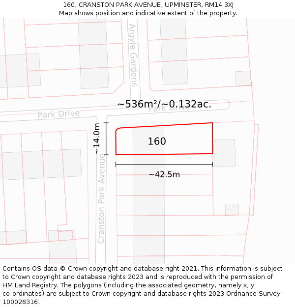 160, CRANSTON PARK AVENUE, UPMINSTER, RM14 3XJ: Plot and title map