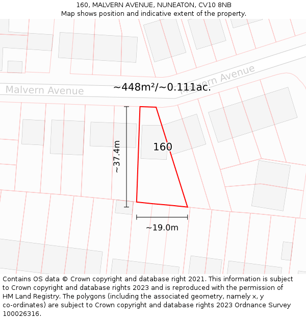160, MALVERN AVENUE, NUNEATON, CV10 8NB: Plot and title map