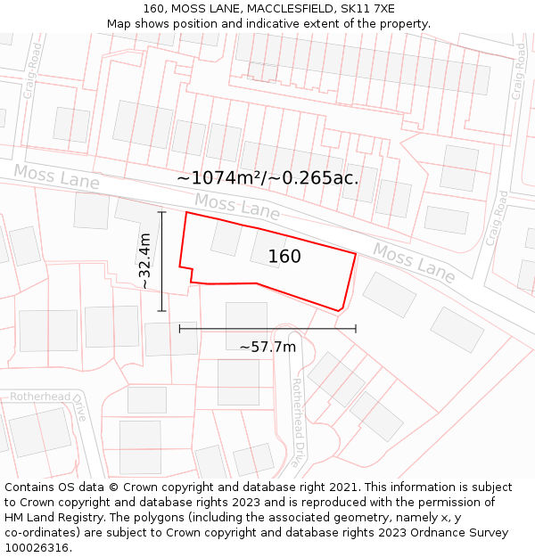 160, MOSS LANE, MACCLESFIELD, SK11 7XE: Plot and title map