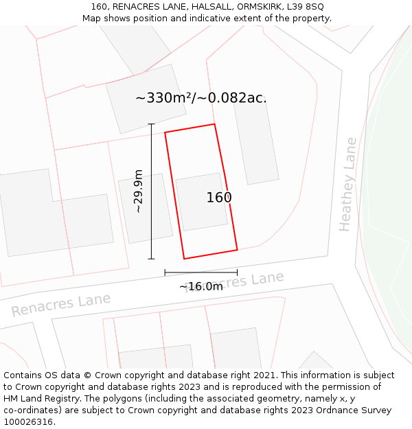 160, RENACRES LANE, HALSALL, ORMSKIRK, L39 8SQ: Plot and title map