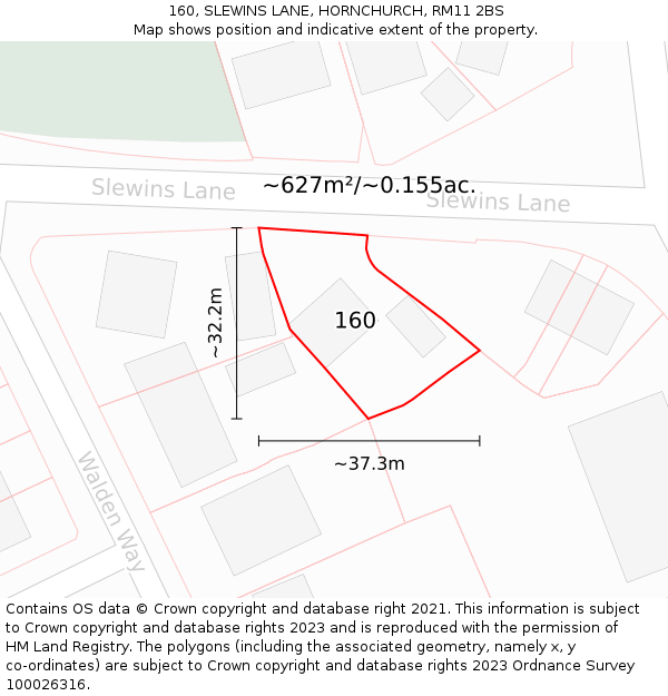 160, SLEWINS LANE, HORNCHURCH, RM11 2BS: Plot and title map