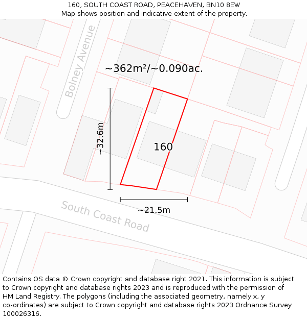 160, SOUTH COAST ROAD, PEACEHAVEN, BN10 8EW: Plot and title map