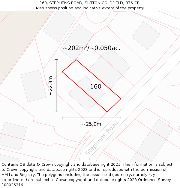160, STEPHENS ROAD, SUTTON COLDFIELD, B76 2TU: Plot and title map
