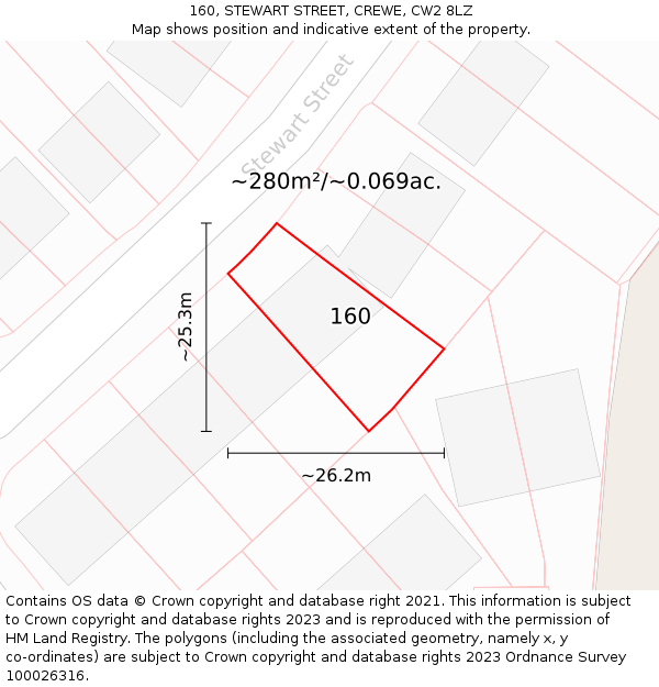 160, STEWART STREET, CREWE, CW2 8LZ: Plot and title map