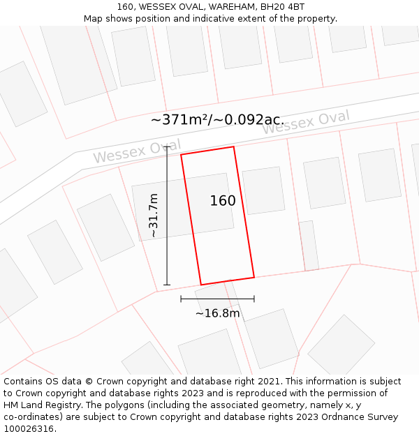 160, WESSEX OVAL, WAREHAM, BH20 4BT: Plot and title map