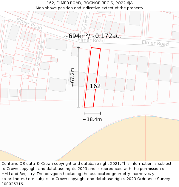 162, ELMER ROAD, BOGNOR REGIS, PO22 6JA: Plot and title map