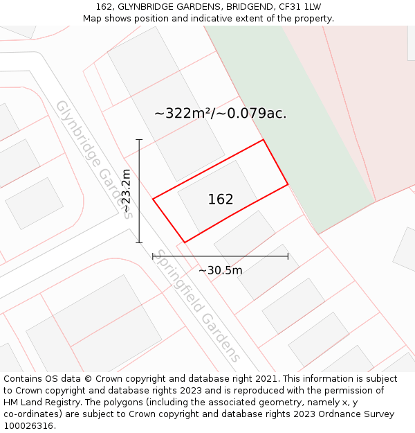 162, GLYNBRIDGE GARDENS, BRIDGEND, CF31 1LW: Plot and title map