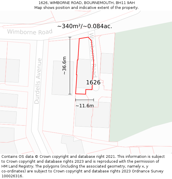 1626, WIMBORNE ROAD, BOURNEMOUTH, BH11 9AH: Plot and title map