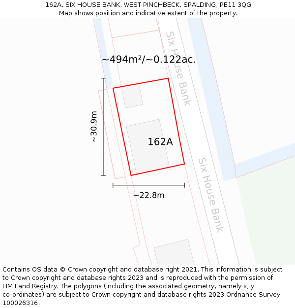 162A, SIX HOUSE BANK, WEST PINCHBECK, SPALDING, PE11 3QG: Plot and title map