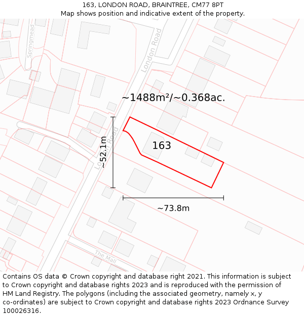 163, LONDON ROAD, BRAINTREE, CM77 8PT: Plot and title map