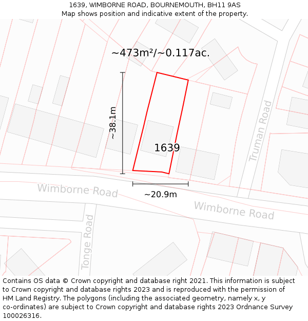 1639, WIMBORNE ROAD, BOURNEMOUTH, BH11 9AS: Plot and title map
