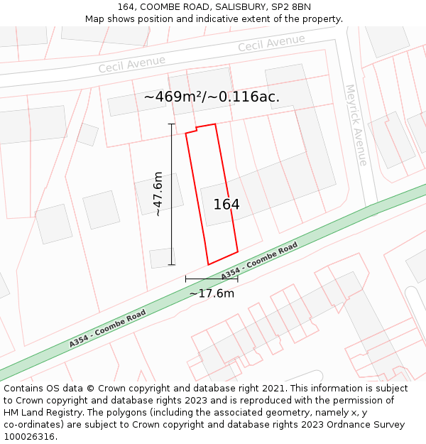 164, COOMBE ROAD, SALISBURY, SP2 8BN: Plot and title map